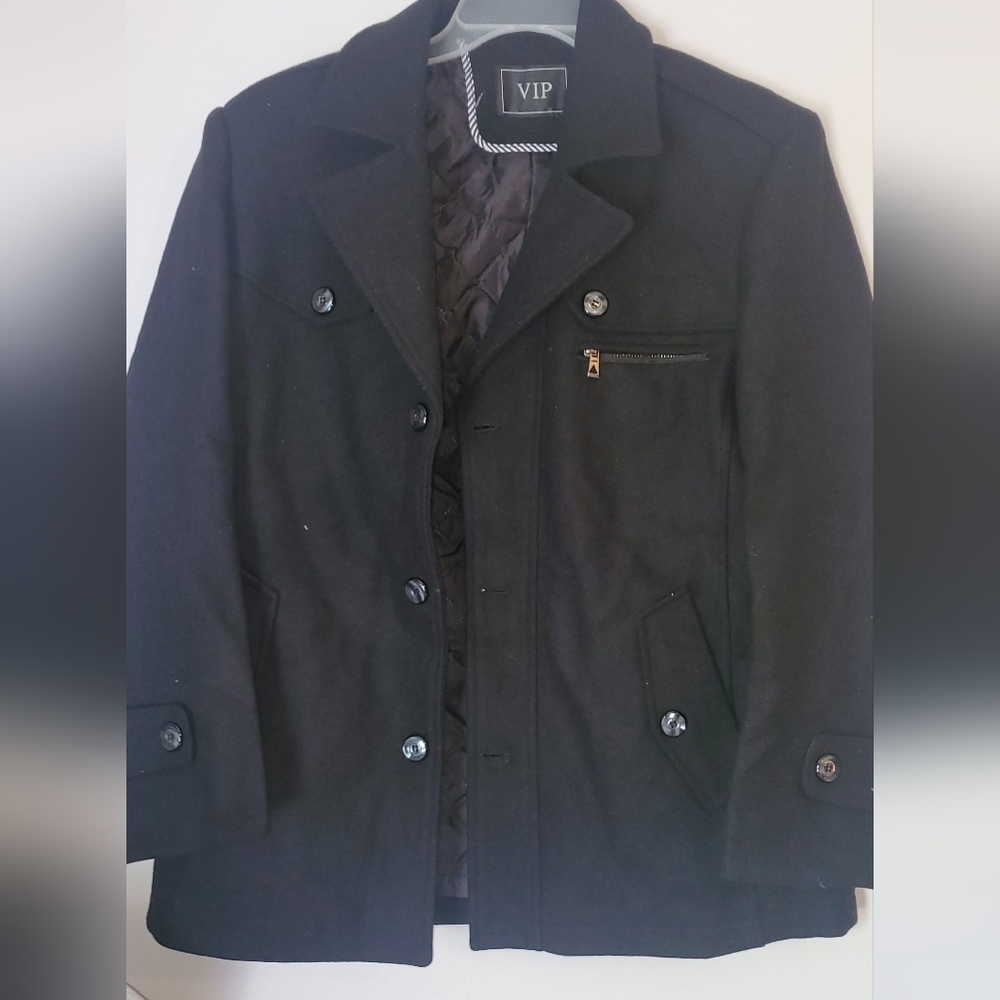 Vip black jacket size small men's peacoat dress coat button and zipper